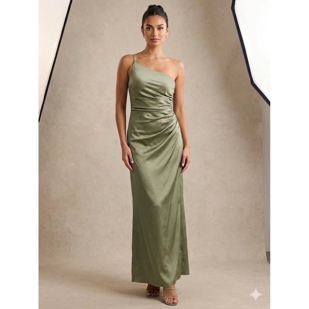 Stacees 4 One Shoulder Satin Maxi Dress Olive Green Ruched Prom Bridesmaid Gown